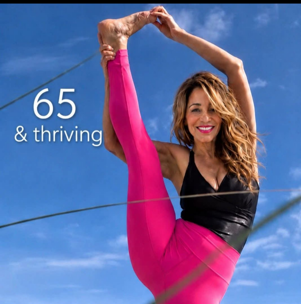 Lisa Geng at 65 practicing advanced yoga